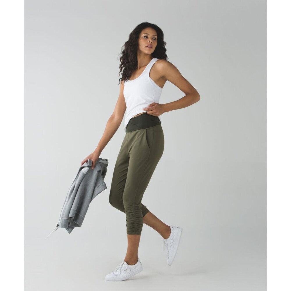Lululemon Pants Size 4 Sunset Salutation Crop Ruched Fatigue Green Athleisure